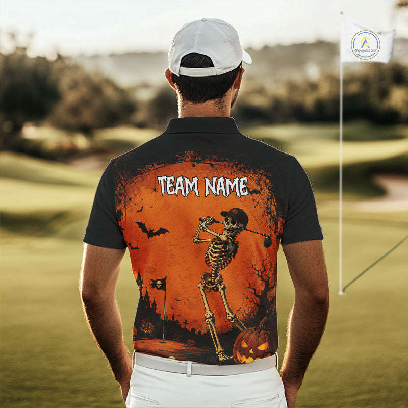Halloween Golf Polo Shirt – Skeleton Golfer Pumpkin Custom Name Golf Shirt, Golf Gifts