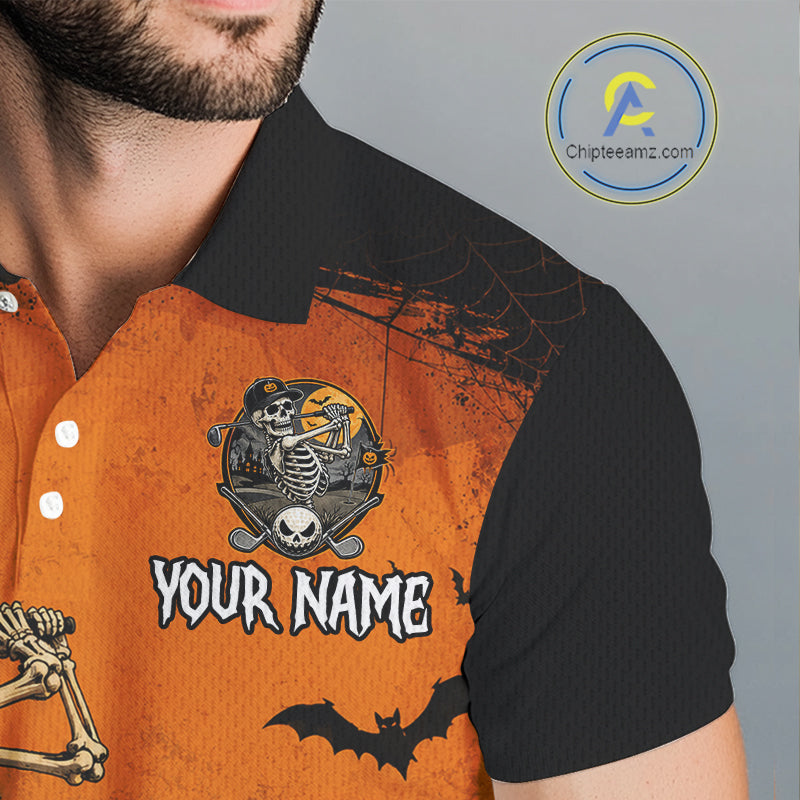 Halloween Golf Polo Shirt – Skeleton Golfer Pumpkin Custom Name Golf Shirt, Golf Gifts