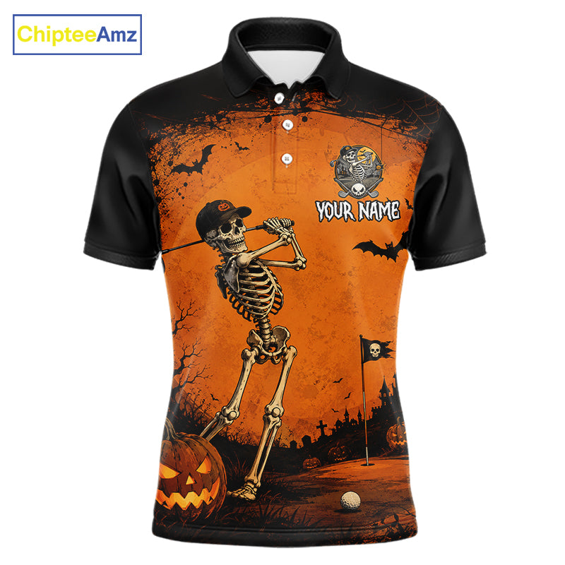 Halloween Golf Polo Shirt – Skeleton Golfer Pumpkin Custom Name Golf Shirt, Golf Gifts