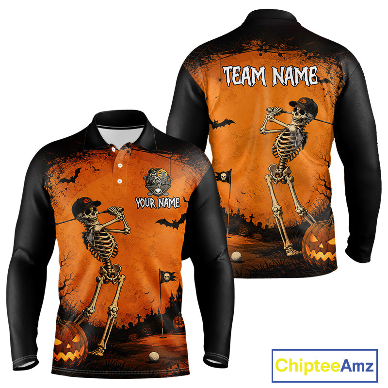 Halloween Golf Polo Shirt – Skeleton Golfer Pumpkin Custom Name Golf Shirt, Golf Gifts