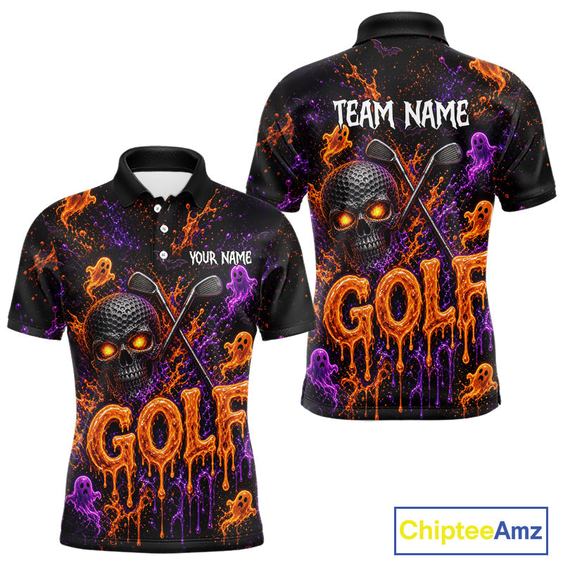 Personalized Halloween Golf Shirt, Custom Name Spooky Golf Skull Shirt Apparel Gifts For Golfer