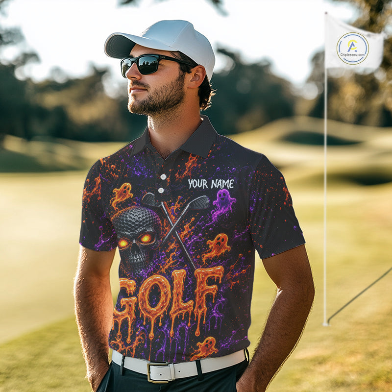 Personalized Halloween Golf Shirt, Custom Name Spooky Golf Skull Shirt Apparel Gifts For Golfer
