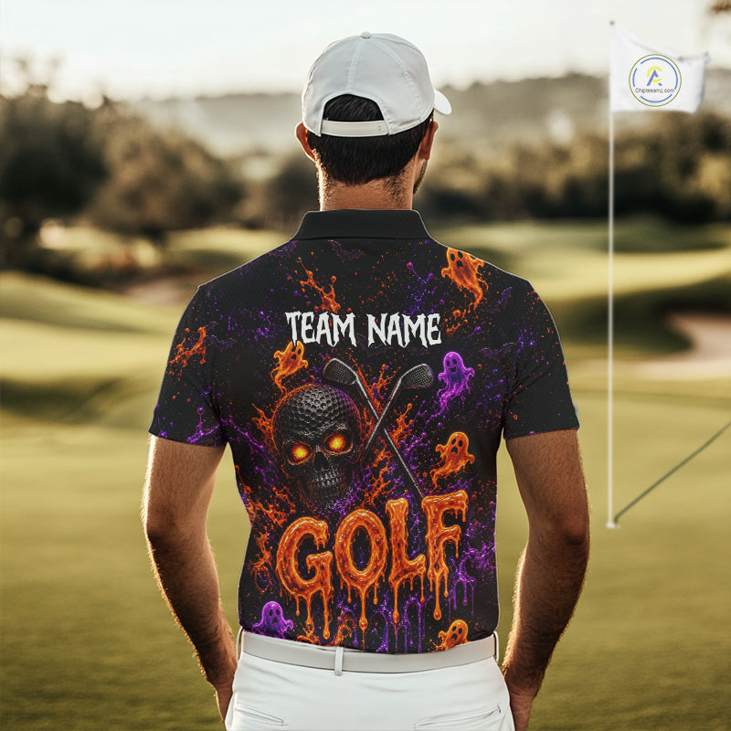 Personalized Halloween Golf Shirt, Custom Name Spooky Golf Skull Shirt Apparel Gifts For Golfer