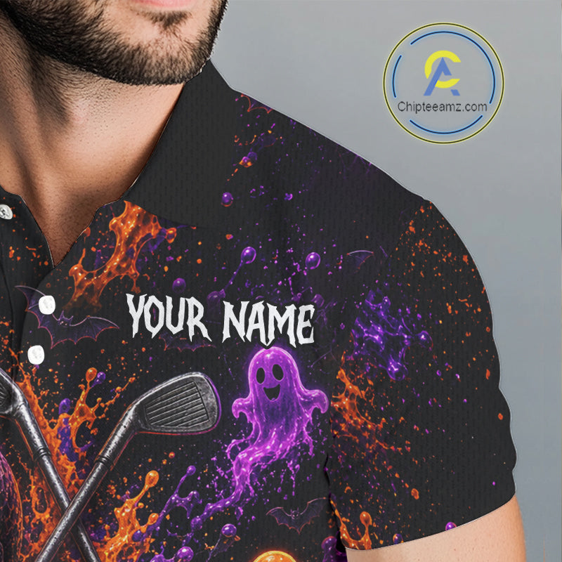 Personalized Halloween Golf Shirt, Custom Name Spooky Golf Skull Shirt Apparel Gifts For Golfer