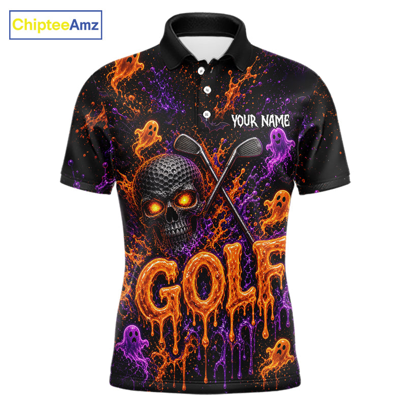 Personalized Halloween Golf Shirt, Custom Name Spooky Golf Skull Shirt Apparel Gifts For Golfer