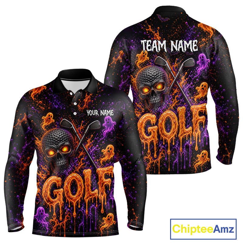 Personalized Halloween Golf Shirt, Custom Name Spooky Golf Skull Shirt Apparel Gifts For Golfer