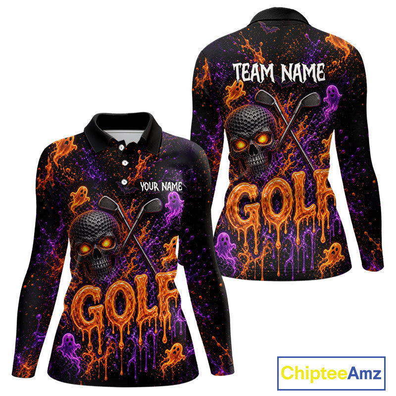 Personalized Halloween Golf Shirt, Custom Name Spooky Golf Skull Shirt Apparel Gifts For Golfer