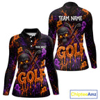 Personalized Halloween Golf Shirt, Custom Name Spooky Golf Skull Shirt Apparel Gifts For Golfer