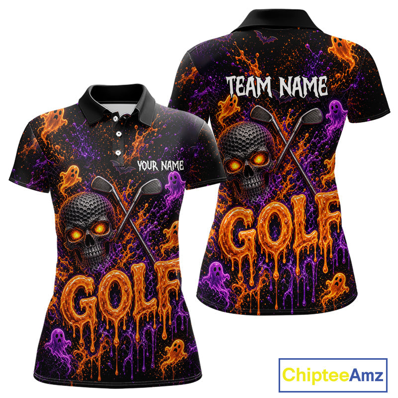 Personalized Halloween Golf Shirt, Custom Name Spooky Golf Skull Shirt Apparel Gifts For Golfer