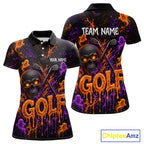 Personalized Halloween Golf Shirt, Custom Name Spooky Golf Skull Shirt Apparel Gifts For Golfer