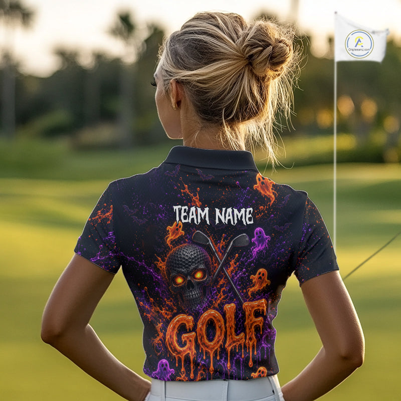 Personalized Halloween Golf Shirt, Custom Name Spooky Golf Skull Shirt Apparel Gifts For Golfer