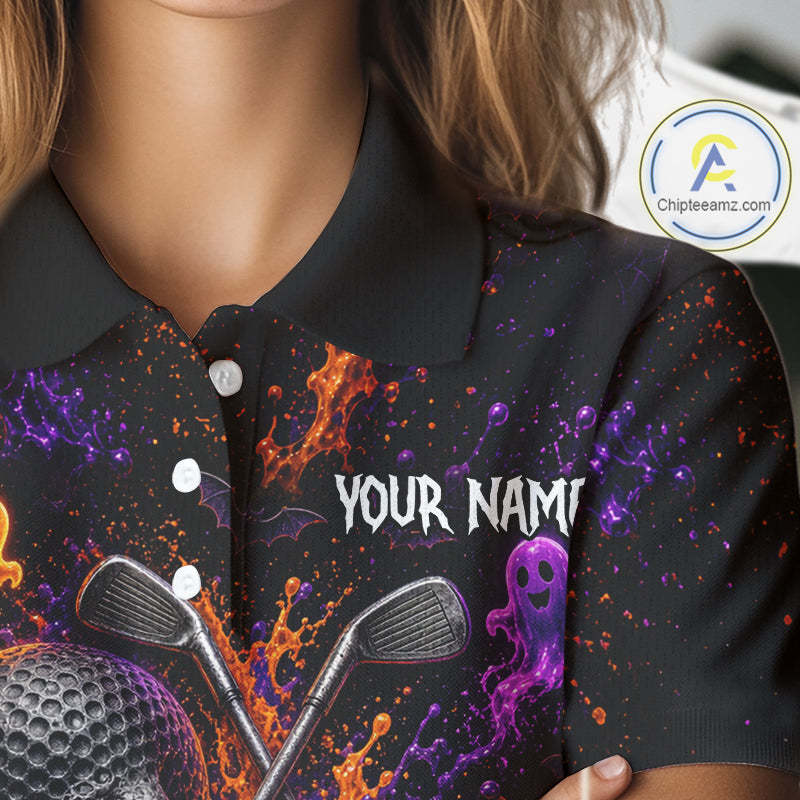 Personalized Halloween Golf Shirt, Custom Name Spooky Golf Skull Shirt Apparel Gifts For Golfer