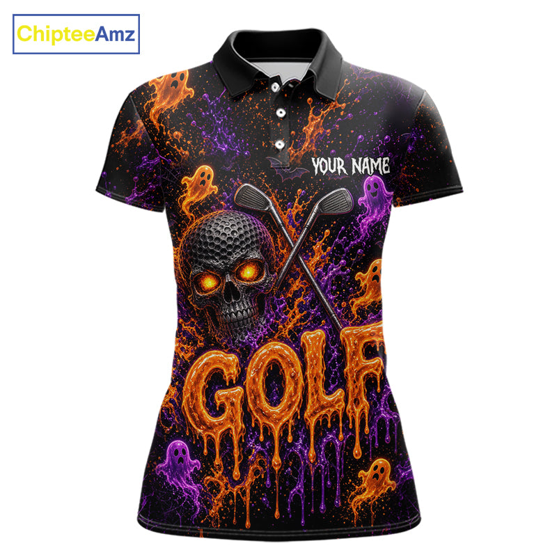 Personalized Halloween Golf Shirt, Custom Name Spooky Golf Skull Shirt Apparel Gifts For Golfer