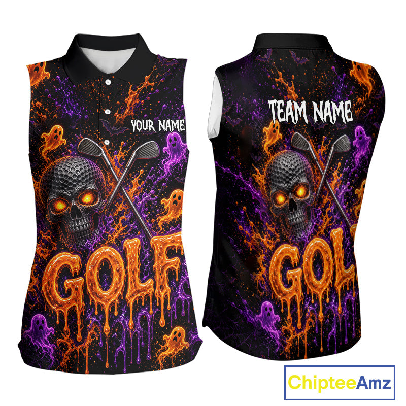 Personalized Halloween Sleeveless Golf Shirt, Custom Name Spooky Golf Skull Shirt Apparel Gifts For Golfer