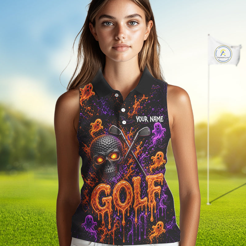 Personalized Halloween Sleeveless Golf Shirt, Custom Name Spooky Golf Skull Shirt Apparel Gifts For Golfer