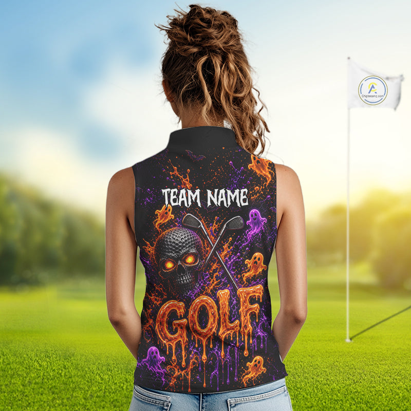Personalized Halloween Sleeveless Golf Shirt, Custom Name Spooky Golf Skull Shirt Apparel Gifts For Golfer