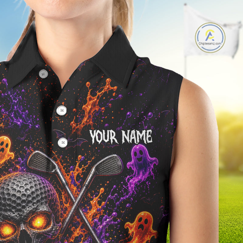 Personalized Halloween Sleeveless Golf Shirt, Custom Name Spooky Golf Skull Shirt Apparel Gifts For Golfer