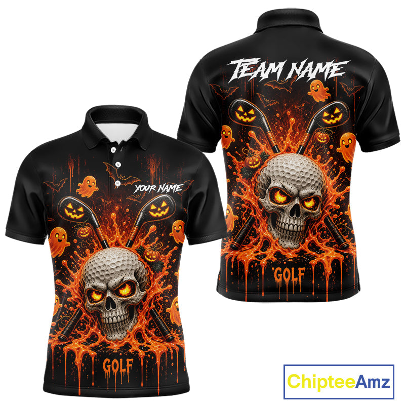 Personalized Spooky Halloween Golf Polo Shirt, Orange Pumpkin Skull Dripping Slime Apparel