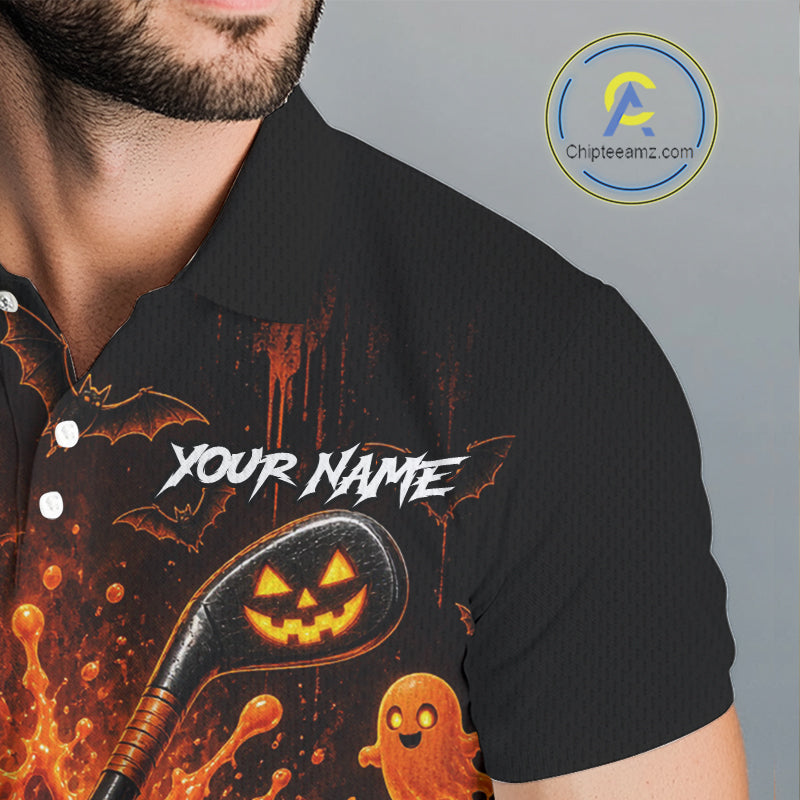 Personalized Spooky Halloween Golf Polo Shirt, Orange Pumpkin Skull Dripping Slime Apparel