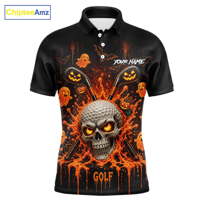 Personalized Spooky Halloween Golf Polo Shirt, Orange Pumpkin Skull Dripping Slime Apparel