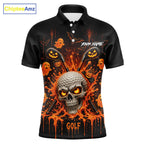 Personalized Spooky Halloween Golf Polo Shirt, Orange Pumpkin Skull Dripping Slime Apparel