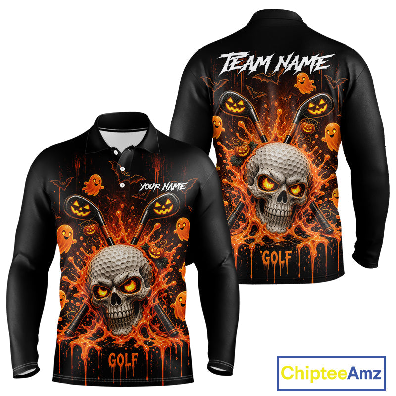 Personalized Spooky Halloween Golf Polo Shirt, Orange Pumpkin Skull Dripping Slime Apparel
