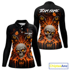 Personalized Spooky Halloween Golf Polo Shirt, Orange Pumpkin Skull Dripping Slime Apparel