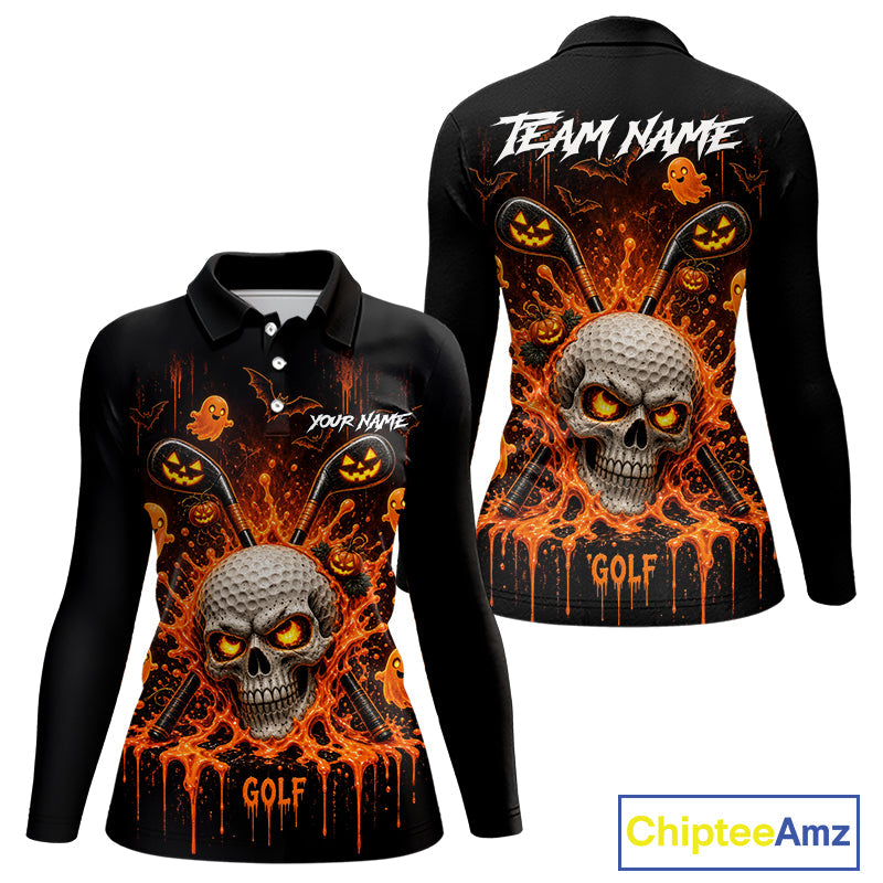 Personalized Spooky Halloween Golf Polo Shirt, Orange Pumpkin Skull Dripping Slime Apparel