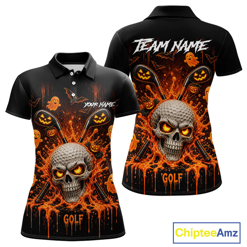 Personalized Spooky Halloween Golf Polo Shirt, Orange Pumpkin Skull Dripping Slime Apparel