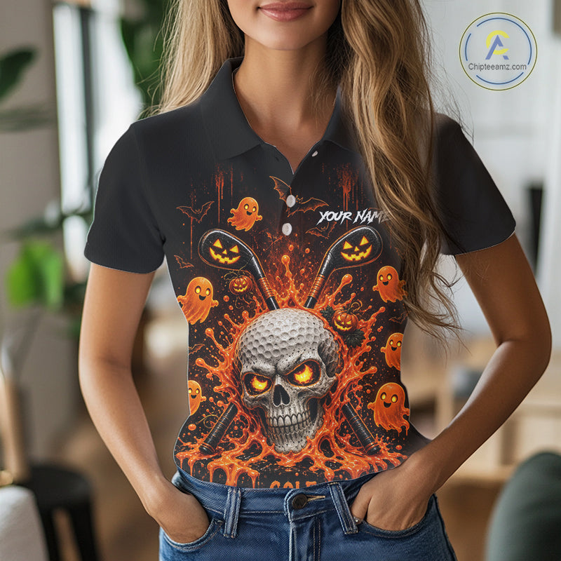 Personalized Spooky Halloween Golf Polo Shirt, Orange Pumpkin Skull Dripping Slime Apparel