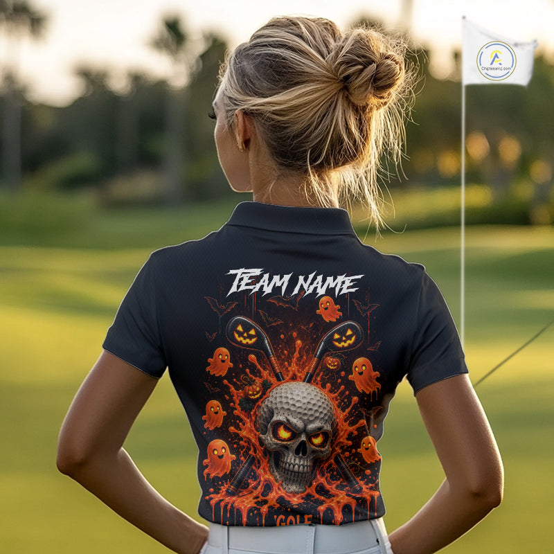 Personalized Spooky Halloween Golf Polo Shirt, Orange Pumpkin Skull Dripping Slime Apparel