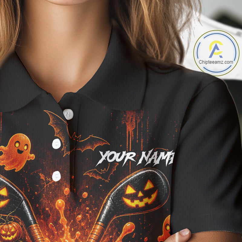 Personalized Spooky Halloween Golf Polo Shirt, Orange Pumpkin Skull Dripping Slime Apparel