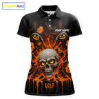 Personalized Spooky Halloween Golf Polo Shirt, Orange Pumpkin Skull Dripping Slime Apparel