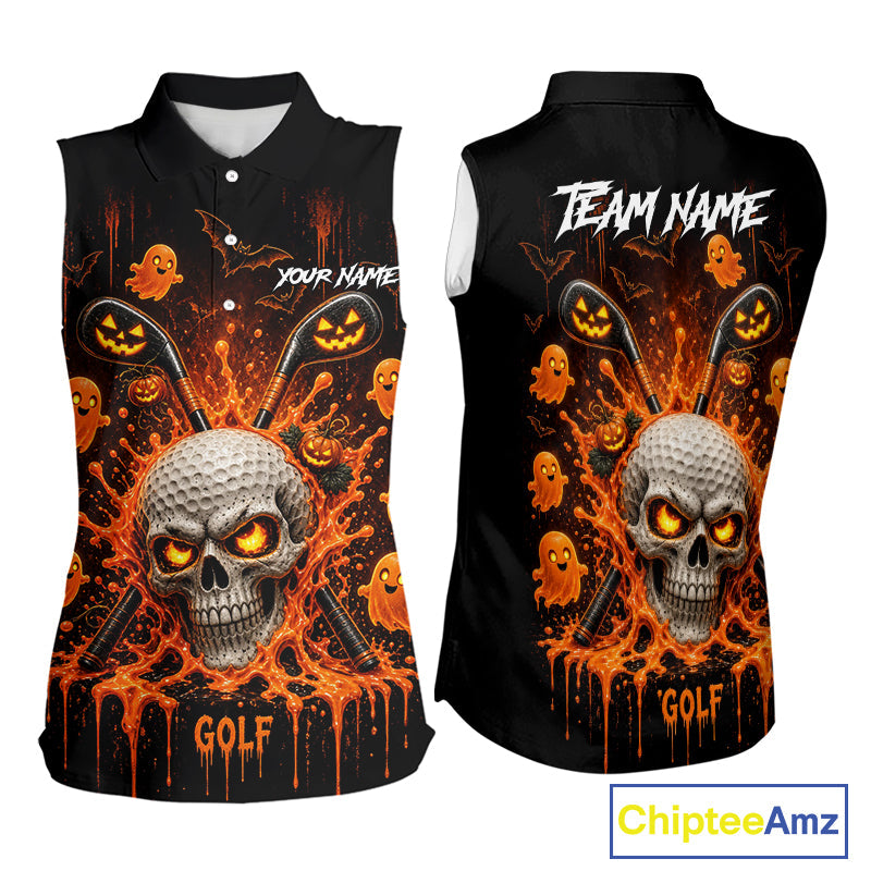 Personalized Spooky Halloween Sleeveless Golf Polo Shirt, Orange Pumpkin Skull Dripping Slime Apparel