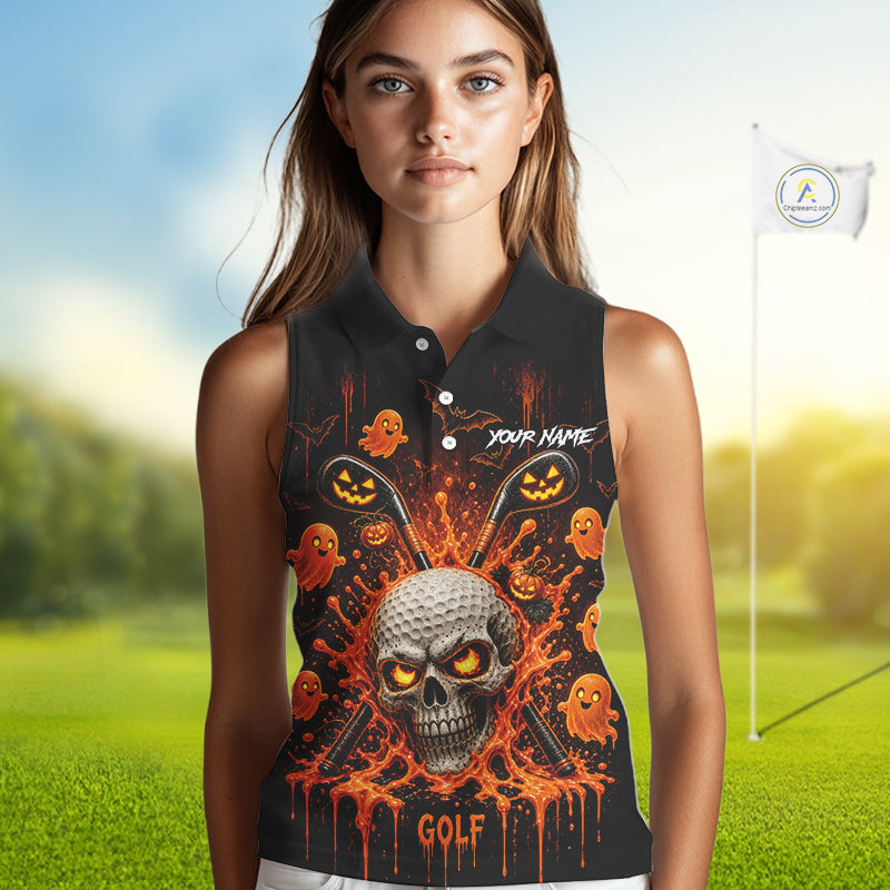 Personalized Spooky Halloween Sleeveless Golf Polo Shirt, Orange Pumpkin Skull Dripping Slime Apparel