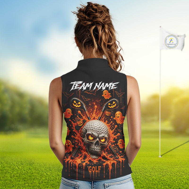 Personalized Spooky Halloween Sleeveless Golf Polo Shirt, Orange Pumpkin Skull Dripping Slime Apparel