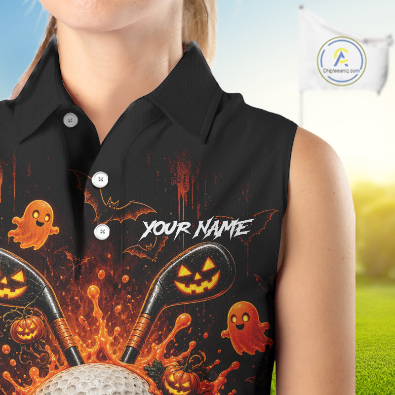 Personalized Spooky Halloween Sleeveless Golf Polo Shirt, Orange Pumpkin Skull Dripping Slime Apparel