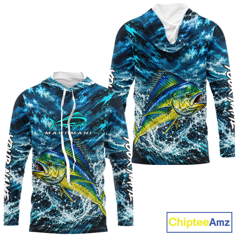 Custom Mahi Mahi Fishing Jersey With Name, Dorado Hooded Long Sleeve Tournament Shirt