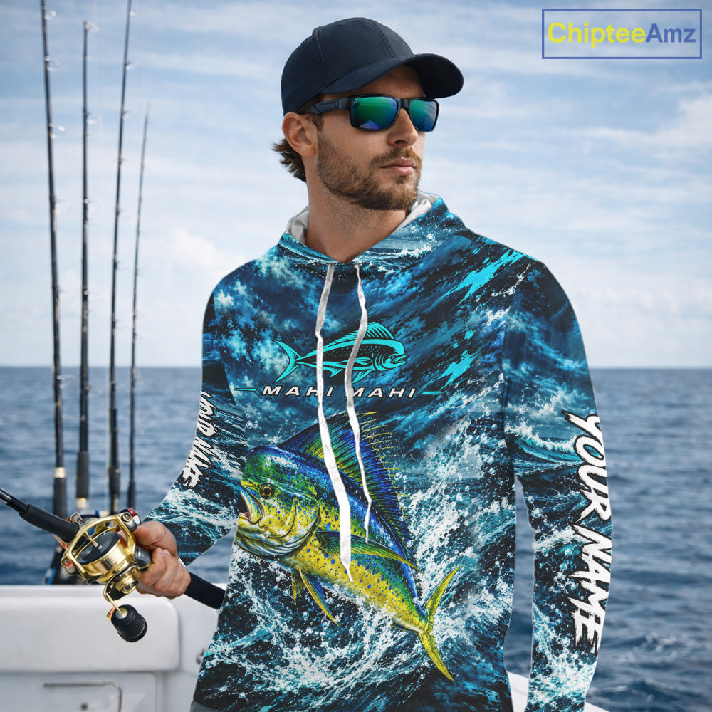 Custom Mahi Mahi Fishing Jersey With Name, Dorado Hooded Long Sleeve Tournament Shirt