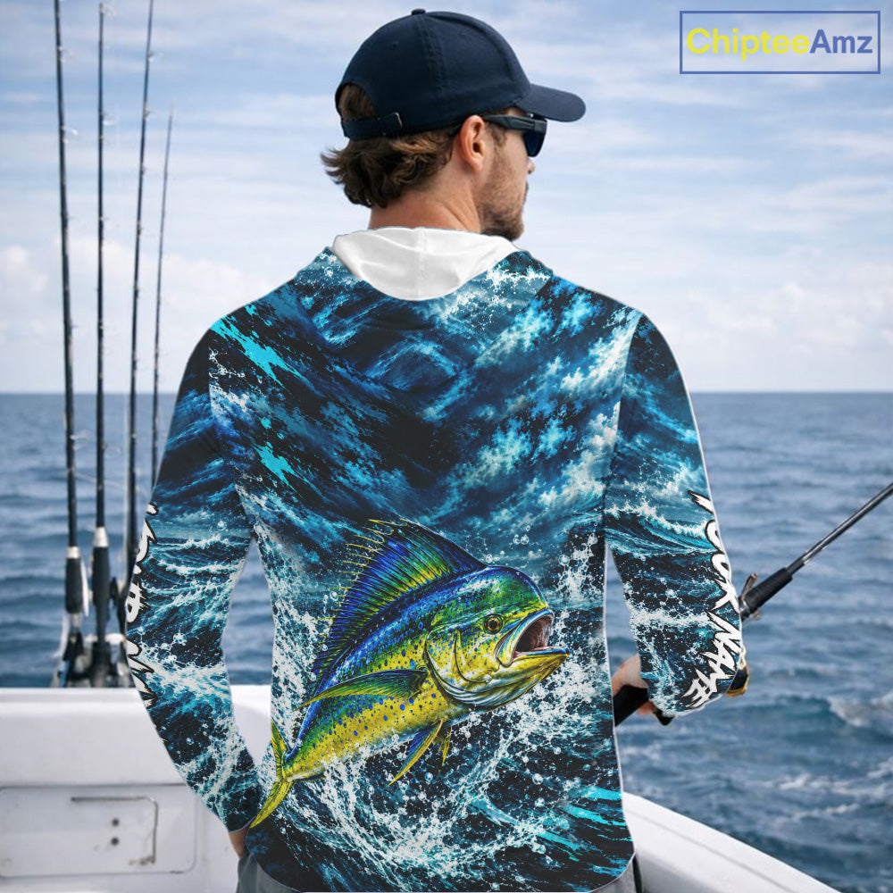 Custom Mahi Mahi Fishing Jersey With Name, Dorado Hooded Long Sleeve Tournament Shirt