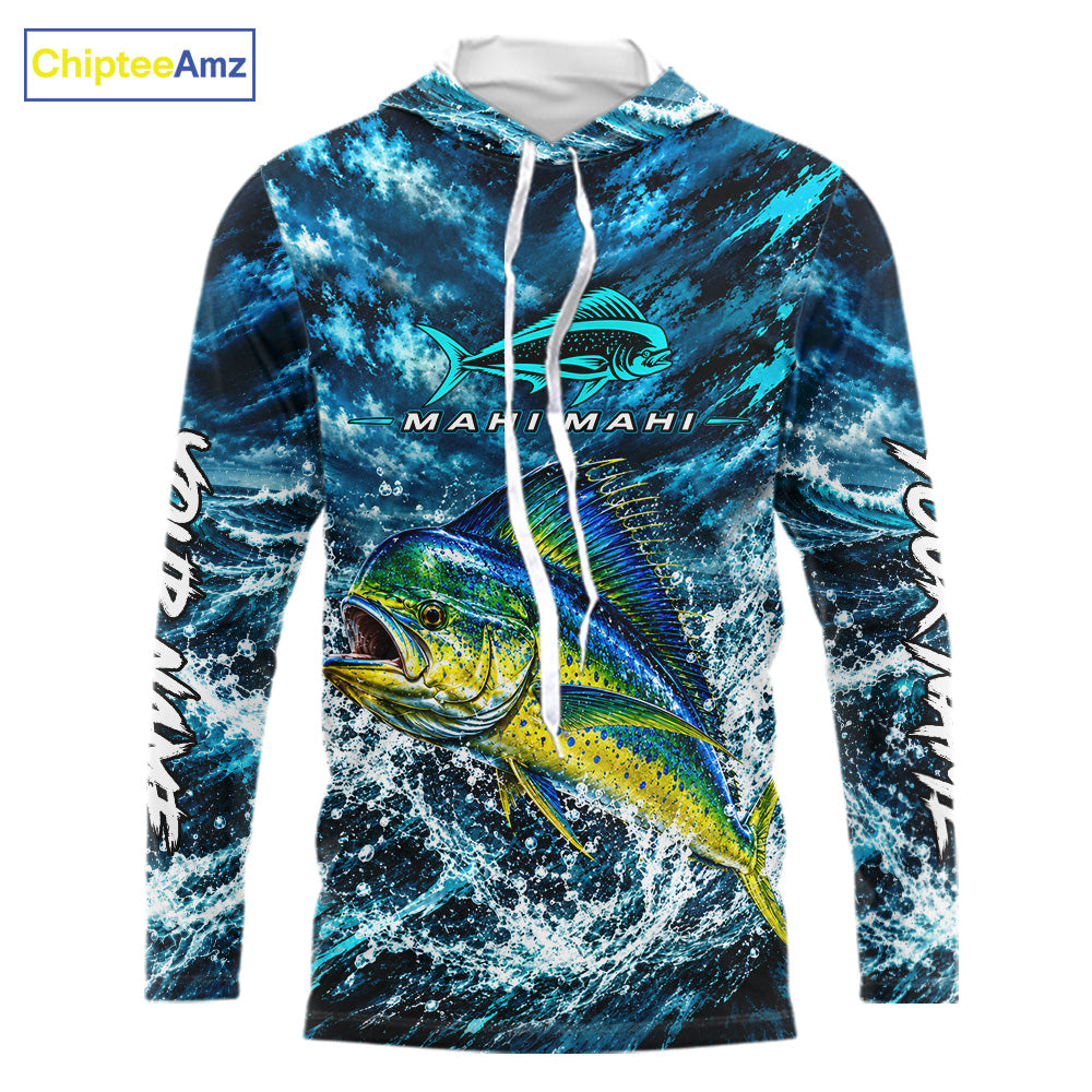 Custom Mahi Mahi Fishing Jersey With Name, Dorado Hooded Long Sleeve Tournament Shirt