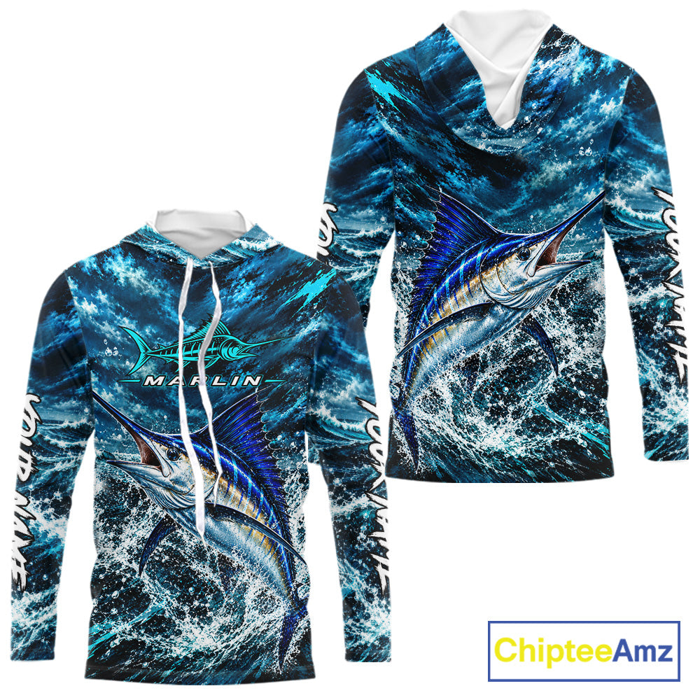 Custom Marlin Fishing Jersey With Name, Marlin Hooded Long Sleeve Tournament Shirt