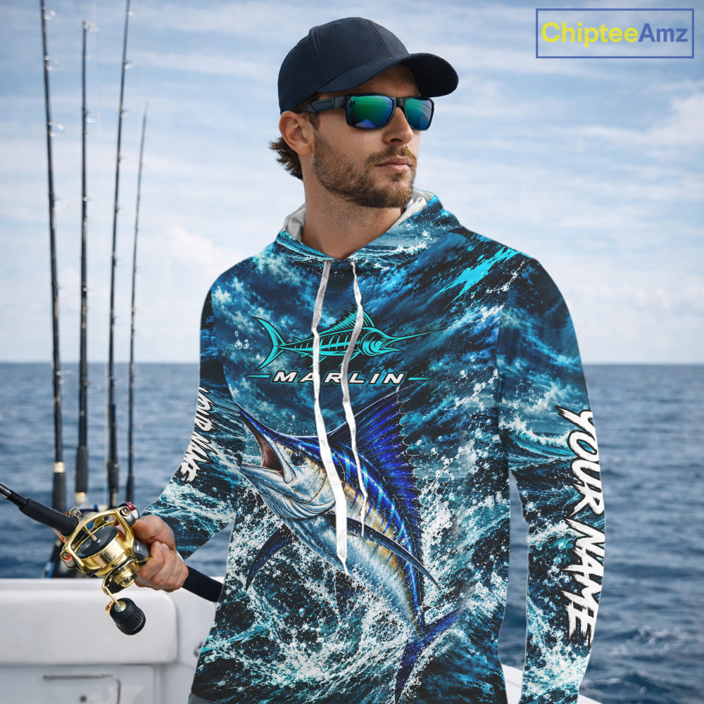 Custom Marlin Fishing Jersey With Name, Marlin Hooded Long Sleeve Tournament Shirt