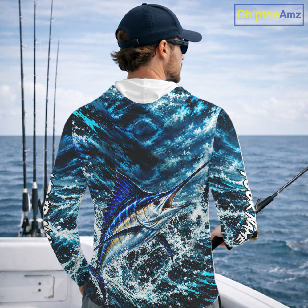 Custom Marlin Fishing Jersey With Name, Marlin Hooded Long Sleeve Tournament Shirt