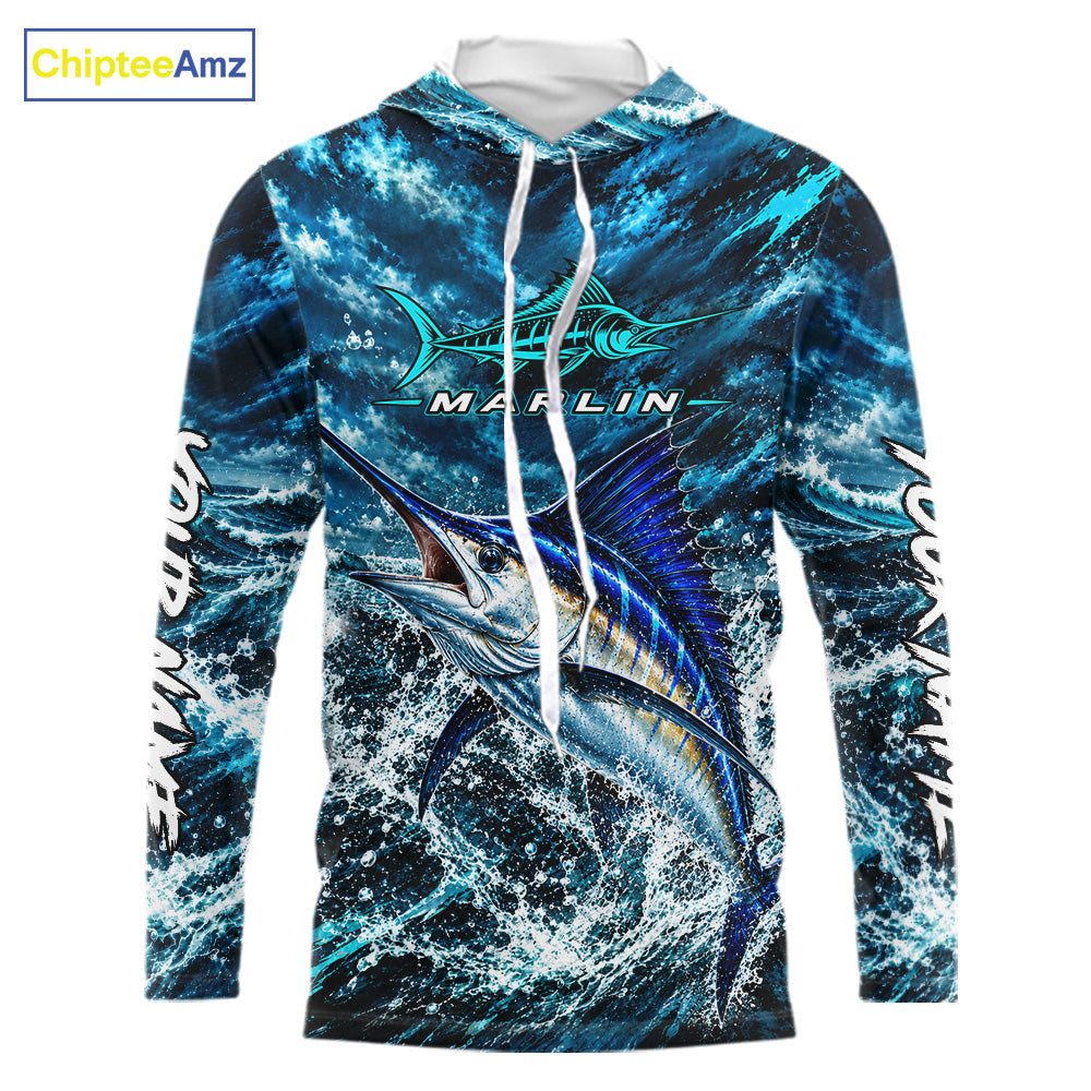Custom Marlin Fishing Jersey With Name, Marlin Hooded Long Sleeve Tournament Shirt