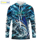 Custom Marlin Fishing Jersey With Name, Marlin Hooded Long Sleeve Tournament Shirt
