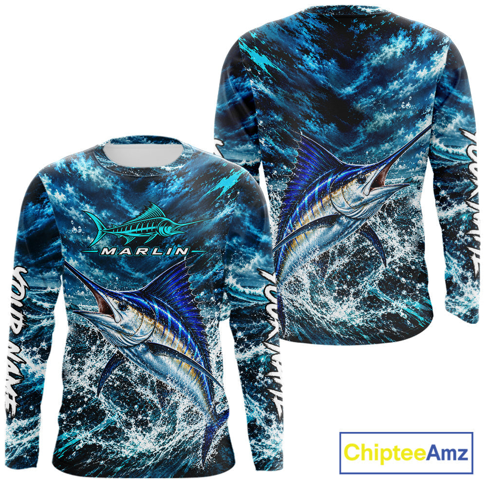 Custom Marlin Fishing Jersey With Name, Marlin Long Sleeve Tournament Shirt