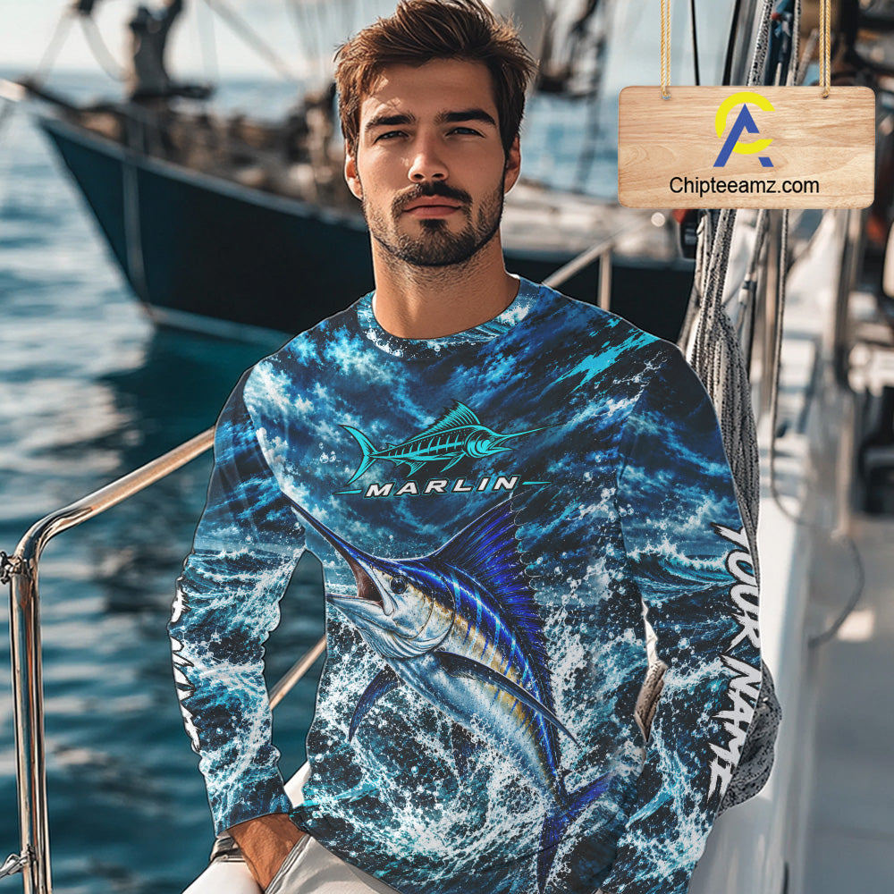 Custom Marlin Fishing Jersey With Name, Marlin Long Sleeve Tournament Shirt