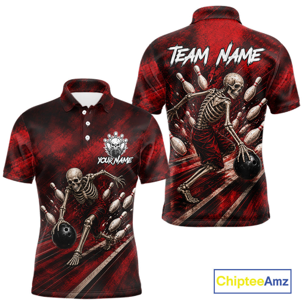 Personalized Bowling Tournament Jersey & Custom Team Shirts, Red Skeleton Bowling Polo