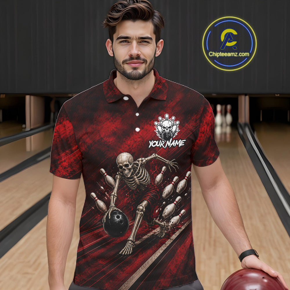 Personalized Bowling Tournament Jersey & Custom Team Shirts, Red Skeleton Bowling Polo
